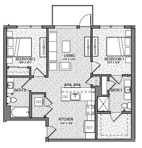 A black and white floor plan of a two-bedroom apartment.